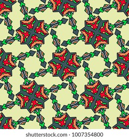 Vector abstract seamless patchwork pattern. Arabic tile texture with geometric and floral ornaments, stylized flowers, dots and lace.