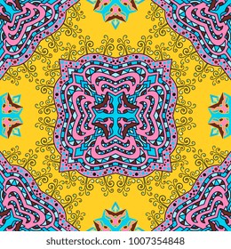 Vector abstract seamless patchwork pattern. Arabic tile texture with geometric and floral ornaments, stylized flowers, dots and lace.