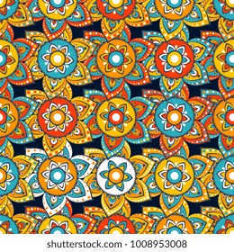 Vector abstract seamless patchwork pattern. Arabic tile texture with geometric and floral ornaments, stylized flowers, dots and lace. Vintage vector card.