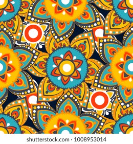 Vector abstract seamless patchwork pattern. Arabic tile texture with geometric and floral ornaments, stylized flowers, dots and lace. Vintage vector card.