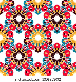 Vector abstract seamless patchwork pattern. Arabic tile texture with geometric and floral ornaments, stylized flowers, dots and lace. Vintage vector card.