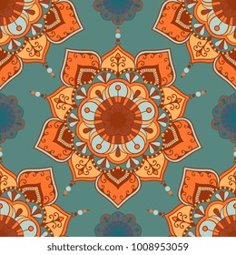 Vector abstract seamless patchwork pattern. Arabic tile texture with geometric and floral ornaments, stylized flowers, dots and lace. Vintage vector card.