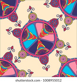 Vector abstract seamless patchwork pattern. Arabic tile texture with geometric and floral ornaments, stylized flowers, dots and lace. Vintage vector card.