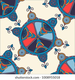 Vector abstract seamless patchwork pattern. Arabic tile texture with geometric and floral ornaments, stylized flowers, dots and lace. Vintage vector card.