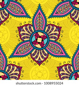 Vector abstract seamless patchwork pattern. Arabic tile texture with geometric and floral ornaments, stylized flowers, dots and lace. Vintage vector card.