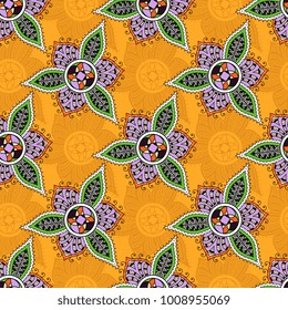 Vector abstract seamless patchwork pattern. Arabic tile texture with geometric and floral ornaments, stylized flowers, dots and lace. Vintage vector card.