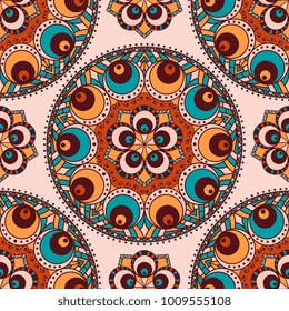 Vector abstract seamless patchwork pattern. Arabic tile texture with geometric and floral ornaments, stylized flowers, dots and lace. Vintage vector card.