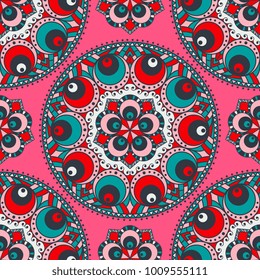 Vector abstract seamless patchwork pattern. Arabic tile texture with geometric and floral ornaments, stylized flowers, dots and lace. Vintage vector card.