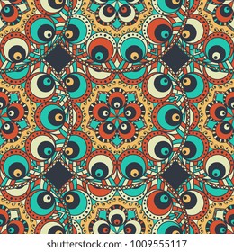 Vector abstract seamless patchwork pattern. Arabic tile texture with geometric and floral ornaments, stylized flowers, dots and lace. Vintage vector card.