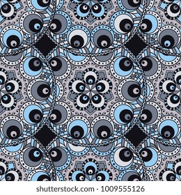 Vector abstract seamless patchwork pattern. Arabic tile texture with geometric and floral ornaments, stylized flowers, dots and lace. Vintage vector card.