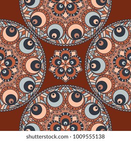 Vector abstract seamless patchwork pattern. Arabic tile texture with geometric and floral ornaments, stylized flowers, dots and lace. Vintage vector card.