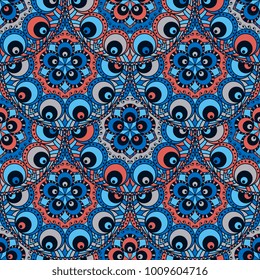 Vector abstract seamless patchwork pattern. Arabic tile texture with geometric and floral ornaments, stylized flowers, dots and lace. Vintage vector card.