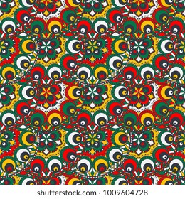 Vector abstract seamless patchwork pattern. Arabic tile texture with geometric and floral ornaments, stylized flowers, dots and lace. Vintage vector card.