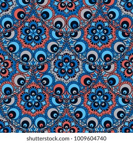 Vector abstract seamless patchwork pattern. Arabic tile texture with geometric and floral ornaments, stylized flowers, dots and lace. Vintage vector card.