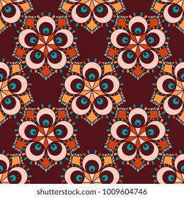 Vector abstract seamless patchwork pattern. Arabic tile texture with geometric and floral ornaments, stylized flowers, dots and lace. Vintage vector card.