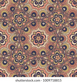 Vector abstract seamless patchwork pattern. Arabic tile texture with geometric and floral ornaments, stylized flowers, dots and lace. Vintage vector card.