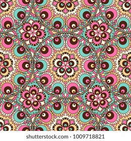 Vector abstract seamless patchwork pattern. Arabic tile texture with geometric and floral ornaments, stylized flowers, dots and lace. Vintage vector card.