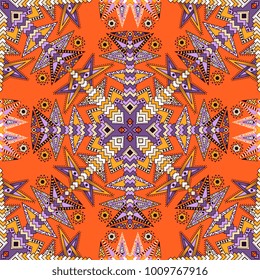Vector abstract seamless patchwork pattern. Arabic tile texture with geometric and floral ornaments, stylized flowers, dots and lace. Vintage vector card.