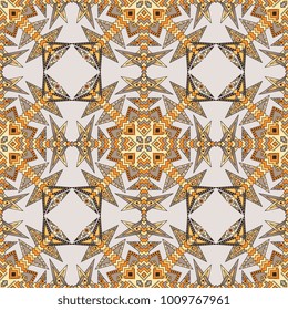 Vector abstract seamless patchwork pattern. Arabic tile texture with geometric and floral ornaments, stylized flowers, dots and lace. Vintage vector card.