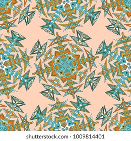 Vector abstract seamless patchwork pattern. Arabic tile texture with geometric and floral ornaments, stylized flowers, dots and lace. Vintage vector card.