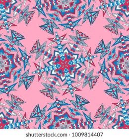 Vector abstract seamless patchwork pattern. Arabic tile texture with geometric and floral ornaments, stylized flowers, dots and lace. Vintage vector card.