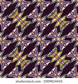 Vector abstract seamless patchwork pattern. Arabic tile texture with geometric and floral ornaments, stylized flowers, dots and lace. Vintage vector card.