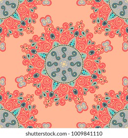 Vector abstract seamless patchwork pattern. Arabic tile texture with geometric and floral ornaments, stylized flowers, dots and lace. Vintage vector card.