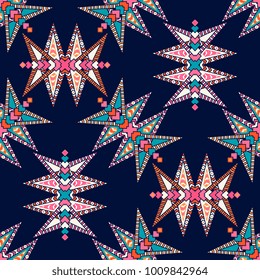 Vector abstract seamless patchwork pattern. Arabic tile texture with geometric and floral ornaments, stylized flowers, dots and lace. Vintage vector card.