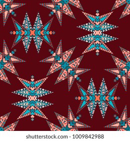 Vector abstract seamless patchwork pattern. Arabic tile texture with geometric and floral ornaments, stylized flowers, dots and lace. Vintage vector card.