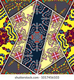 Vector abstract seamless patchwork pattern. Arabic tile texture with geometric and floral ornaments. Decorative elements for textile, book covers, print, gift wrap. Vintage boho style.