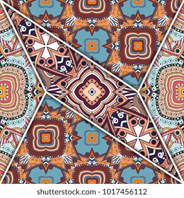 Vector abstract seamless patchwork pattern. Arabic tile texture with geometric and floral ornaments. Decorative elements for textile, book covers, print, gift wrap. Vintage boho style.