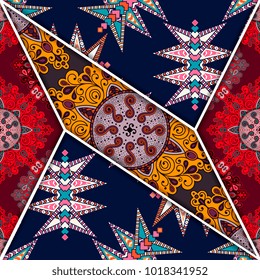 Vector abstract seamless patchwork pattern. Arabic tile texture with geometric and 
floral ornaments. Decorative elements for textile, book covers, print, gift wrap. Vintage boho style.