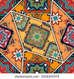 Vector abstract seamless patchwork pattern. Arabic tile texture with geometric and 
floral ornaments. Decorative elements for textile, book covers, print, gift wrap. Vintage boho style.