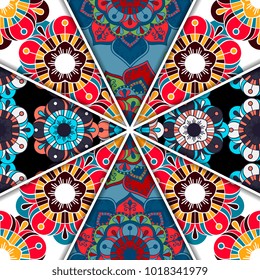 Vector abstract seamless patchwork pattern. Arabic tile texture with geometric and 
floral ornaments. Decorative elements for textile, book covers, print, gift wrap. Vintage boho style.
