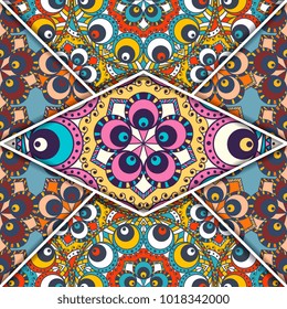 Vector abstract seamless patchwork pattern. Arabic tile texture with geometric and 
floral ornaments. Decorative elements for textile, book covers, print, gift wrap. Vintage boho style.