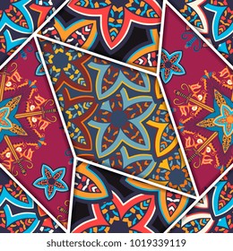 Vector abstract seamless patchwork pattern. Arabic tile texture with geometric and 
floral ornaments. Decorative elements for textile, book covers, print, gift wrap. Vintage boho style.
