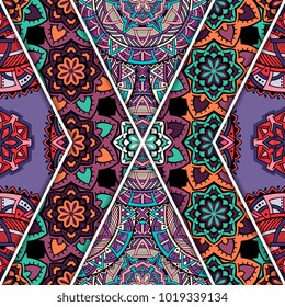 Vector abstract seamless patchwork pattern. Arabic tile texture with geometric and 
floral ornaments. Decorative elements for textile, book covers, print, gift wrap. Vintage boho style.