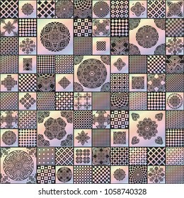 Vector abstract seamless patchwork pattern from spectral pearl colored and black geometrical ethnic ornaments. Wallpaper background. Exotic batik, fantasy textile print, wrapping paper, album cover