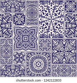 Vector Abstract Seamless Patchwork Pattern From Dark Blue And Beige Ethnic Ornaments. Wallpaper Background. Mandala Round Ornament, Batik, Fantasy Tracery, Textile Print Design, Wrapping Paper, Cover