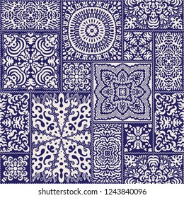 Vector abstract seamless patchwork pattern from dark blue and beige ethnic ornaments. Wallpaper background. Mandala round ornament, batik, fantasy tracery, textile print design, wrapping paper, cover