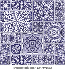 Vector abstract seamless patchwork pattern from dark blue andwhite ethnic ornaments. Wallpaper background. Mandala round ornament, batik, fantasy tracery, textile print design, wrapping paper, cover