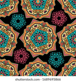 Vector abstract seamless patchwork pattern. Arabic tile texture with geometric and floral ornaments. Decorative elements for textile, book covers, print, gift wrap. Vintage boho style.
