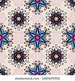 Vector abstract seamless patchwork pattern. Arabic tile texture with geometric and floral ornaments. Decorative elements for textile, book covers, print, gift wrap. Vintage boho style.