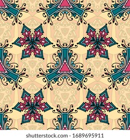 Vector abstract seamless patchwork pattern. Arabic tile texture with geometric and floral ornaments. Decorative elements for textile, book covers, print, gift wrap. Vintage boho style.