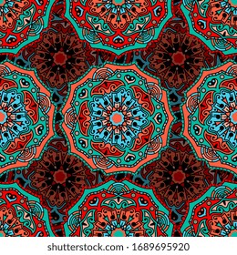 Vector abstract seamless patchwork pattern. Arabic tile texture with geometric and floral ornaments. Decorative elements for textile, book covers, print, gift wrap. Vintage boho style.