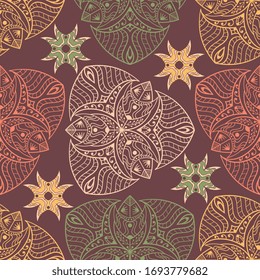 Vector abstract seamless patchwork pattern. Arabic tile texture with geometric and floral ornaments. Decorative elements for textile, book covers, print, gift wrap. Vintage boho style.
