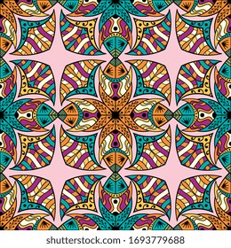 Vector abstract seamless patchwork pattern. Arabic tile texture with geometric and floral ornaments. Decorative elements for textile, book covers, print, gift wrap. Vintage boho style.