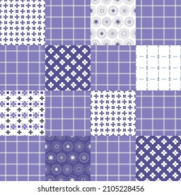 Vector abstract seamless patchwork pattern with blue geometric and floral simple ornaments, stripes and dots. Patchwork from the classic patterns. 