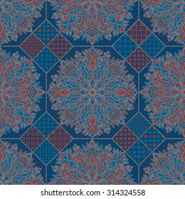 Vector abstract seamless patchwork pattern from dark indigo blue, red terracotta, turquoise and dark grey oriental ornaments, polka dot,Indian style decorative rosette from stylized flowers and leaves