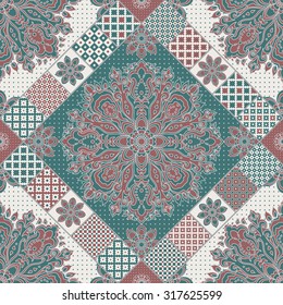 Vector abstract seamless patchwork pattern from dark green, red terracotta , beige and light grey oriental ornaments Indian style rosette from stylized flowers and leaves. Geometrical  print